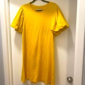 Gold Midi sweater dress • Lightweight w/ puff sleeves • cotton • Gold